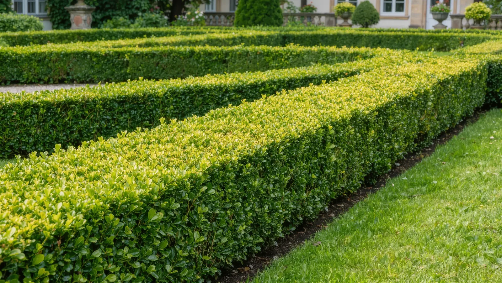 Symbolbild geschnittene Hecke an einer Rasenkante