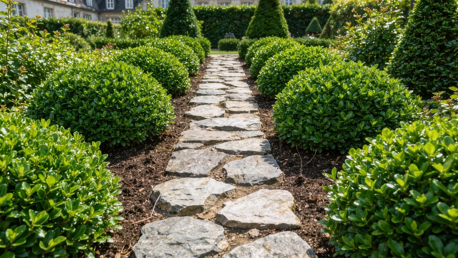 Symbolbild Natursteinweg zwischen Formgehölzen